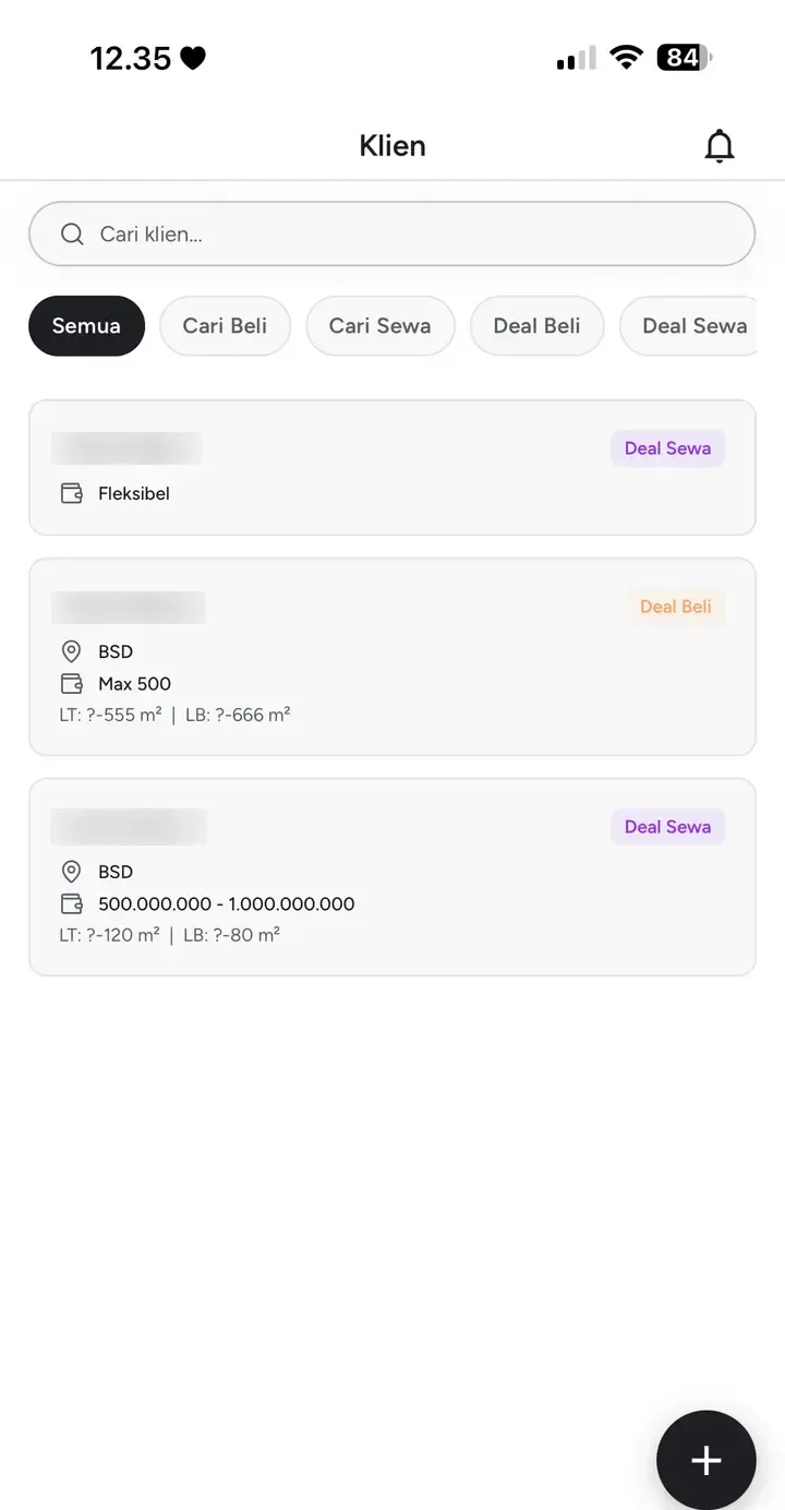 Daftar klien di BrokerID dengan filter status Cari Beli, Cari Sewa, Deal Beli, dan Deal Sewa