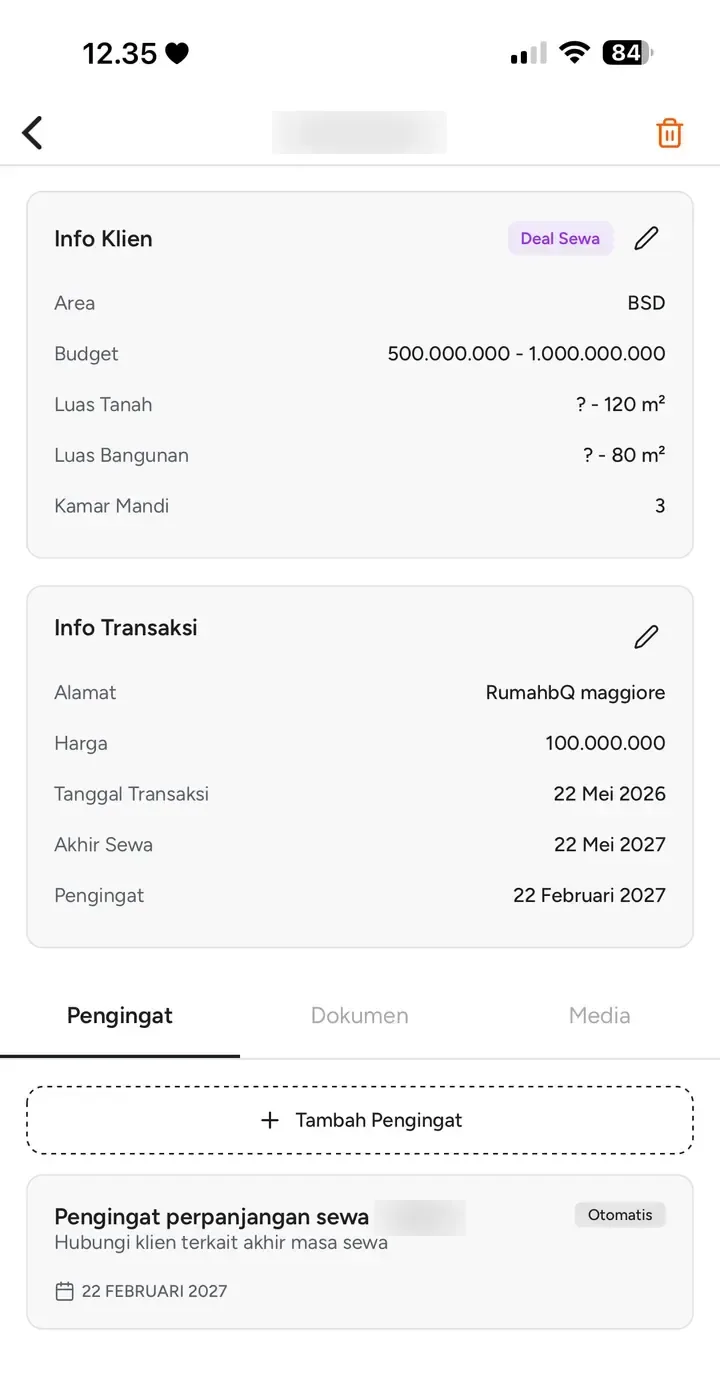 Detail klien di BrokerID: area, budget, luas, info transaksi sewa, dan pengingat perpanjangan sewa otomatis