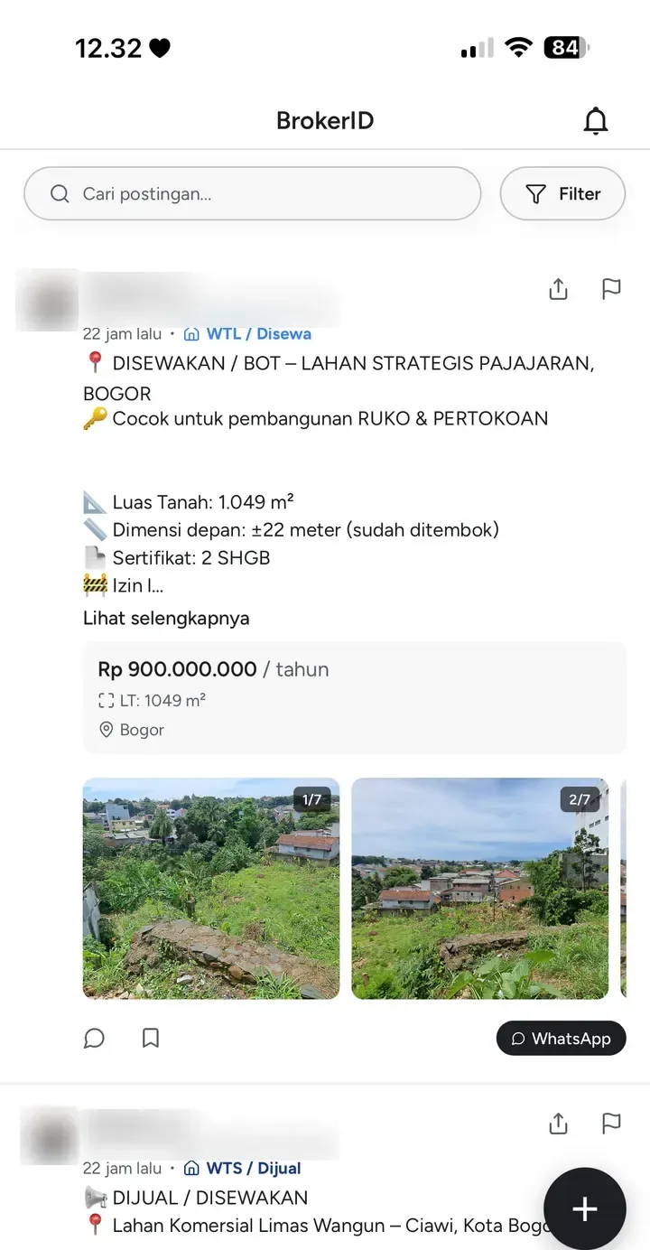Tab Jelajahi di BrokerID berisi listing properti dari agen lain, lengkap dengan harga, luas tanah, lokasi, foto, dan tombol WhatsApp