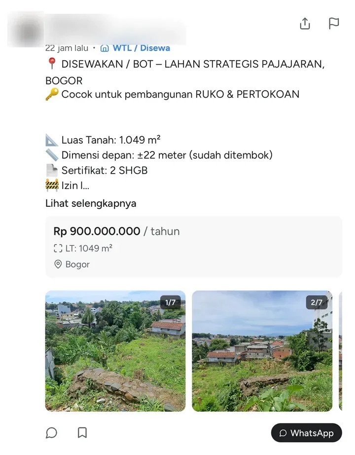 Satu listing di feed BrokerID: agen dan kantornya, label WTL / Disewa, harga per tahun, luas tanah, lokasi, foto, dan tombol WhatsApp
