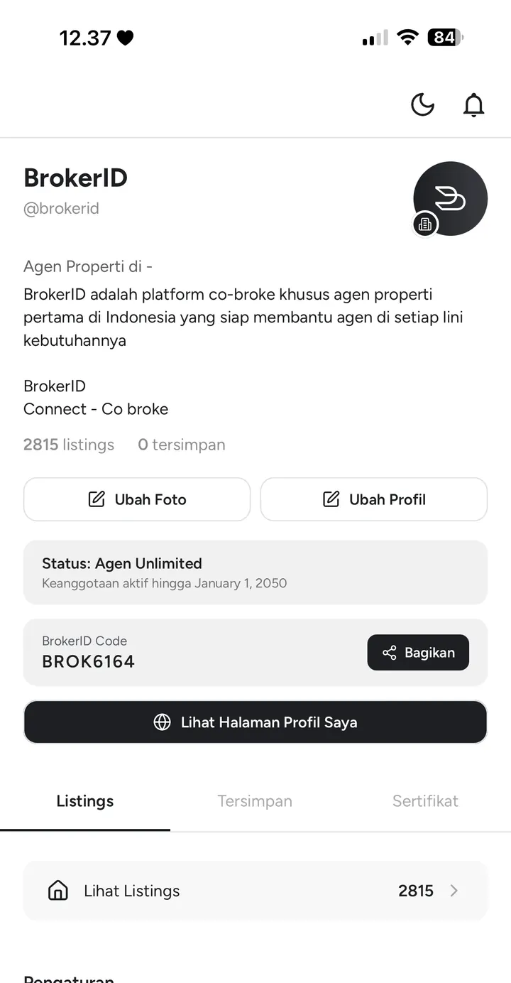 Profil agen di BrokerID dengan status langganan, kode BrokerID yang bisa dibagikan, dan tombol ke halaman profil publik
