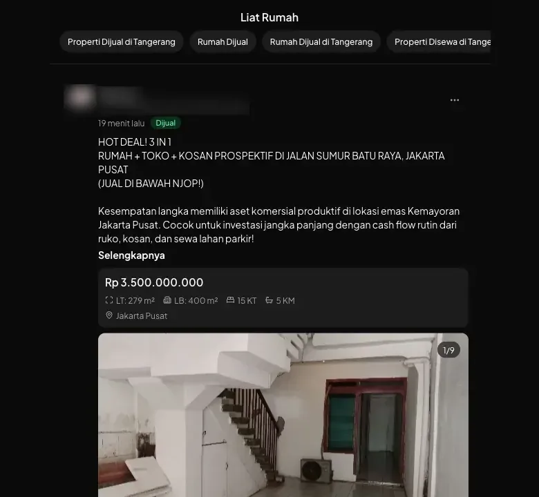 Halaman utama liatrumah.com berisi listing properti dari agen BrokerID dengan harga, luas, lokasi, foto, dan tombol Hubungi lewat WhatsApp